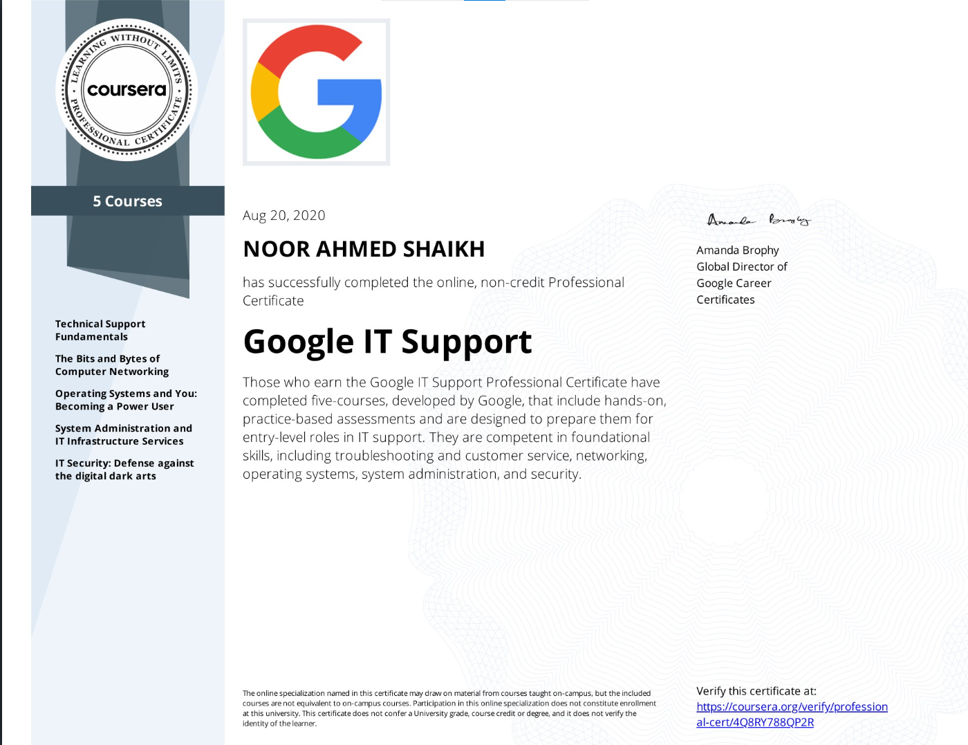 Google IT Specialization Certificate